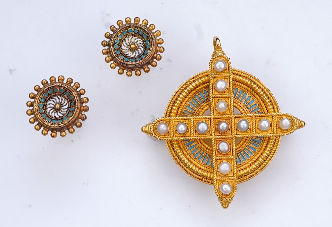 A gold, enamel and pearl pendant/brooch, mid 19th century, and a pair of earrings